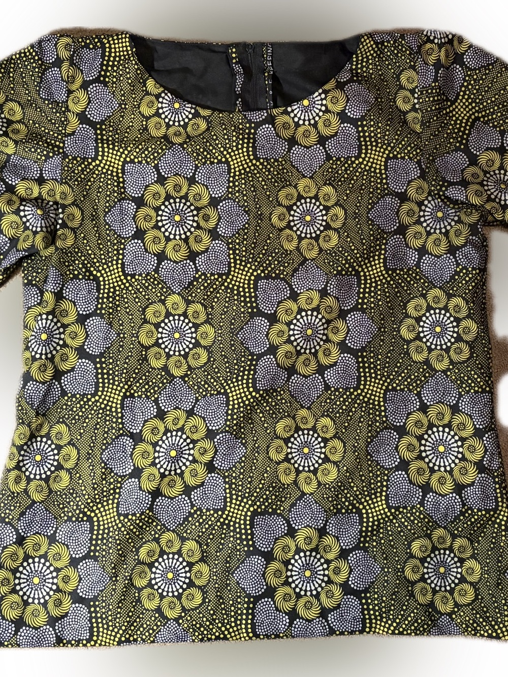 Hand-tailored African Wax Print Print Puff-Sleeve Blouse in Olive and Lavender